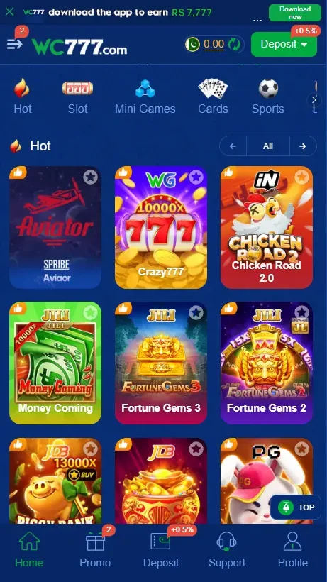 What is WC777 Game, How Do You Play It & Download APK? (The Ultimate Guide) 2 WC777 Game APK home dashboard and popular games list