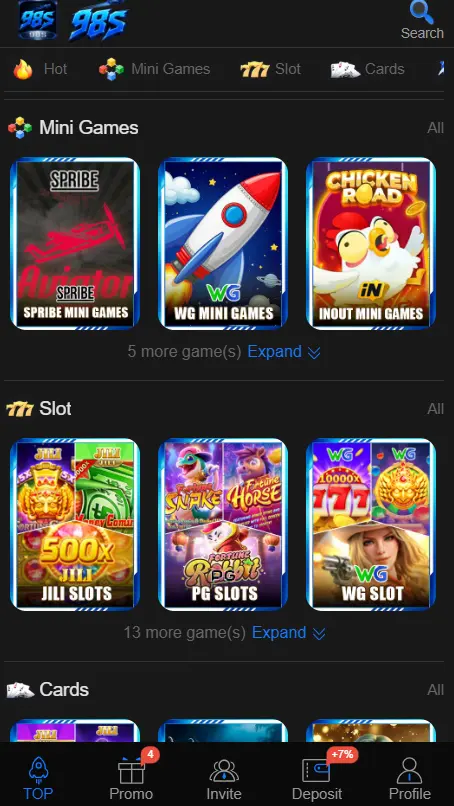 98S Game APK Interface Screenshot